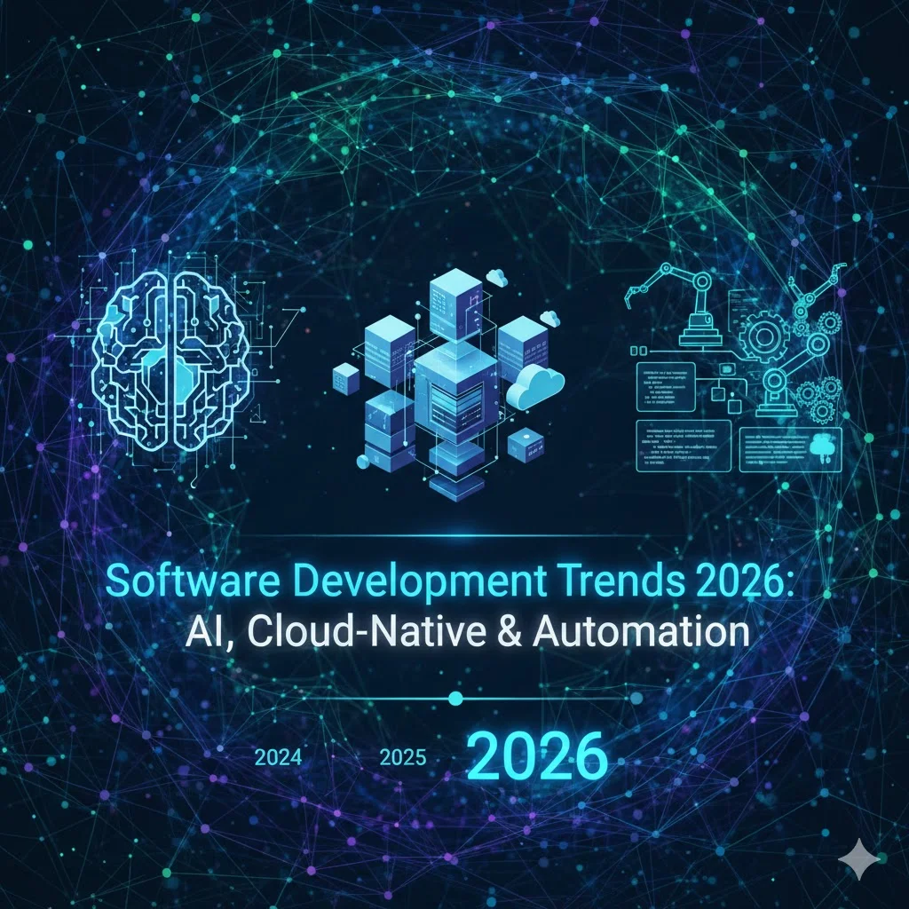 Infographic showing top software development trends 2026 including AI Agents, GreenOps, and Platform Engineering.