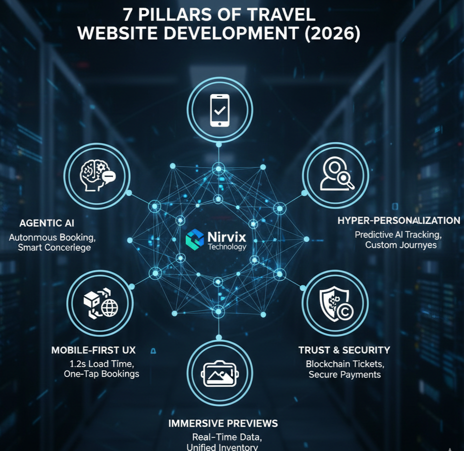 Technical infographic showing Nirvix Technology's 7 pillars of travel website development, including Agentic AI, Mobile-First UX, and Blockchain Security.